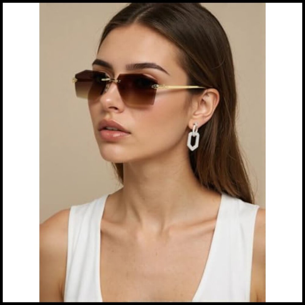 Rimless Rectangular Sunglasses Y2K Retro Metal Ti… - image 4